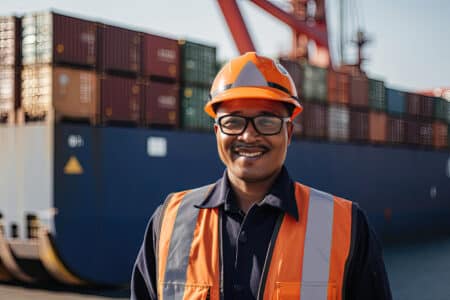 ouvrier portuaire casque debout devant grand porte conteneurs dans port generative ai