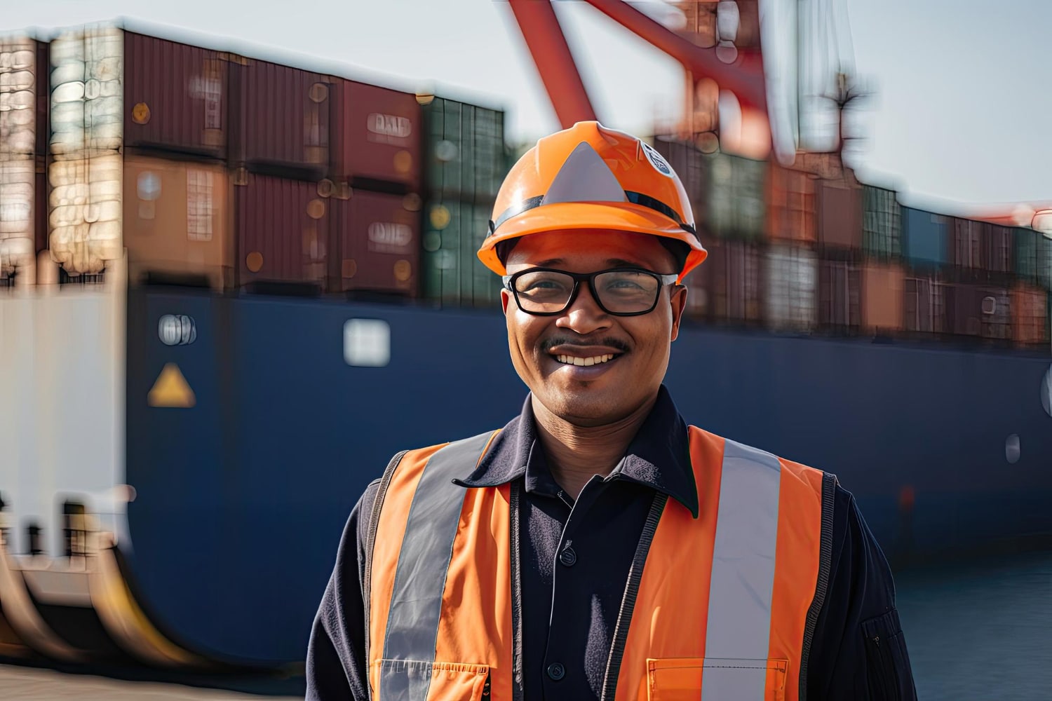 ouvrier portuaire casque debout devant grand porte conteneurs dans port generative ai